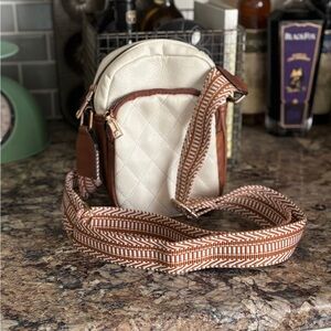 Bostanten Cream and Brown Sling Bag with Patterned Strap, good used condition